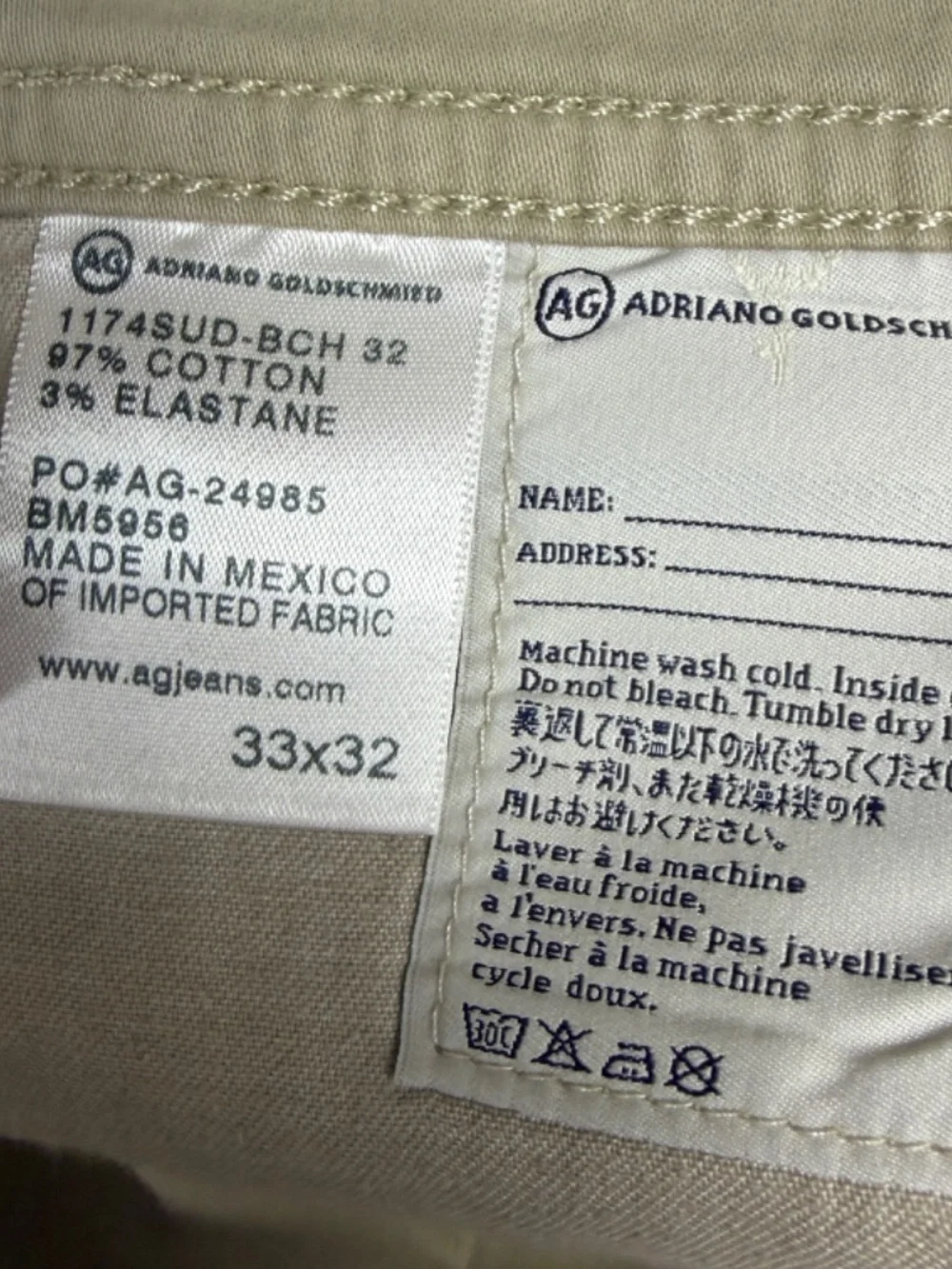 AG Adriano Goldschmied The Graduate Pants Men's 33x32 Khaki Beige Tailored Leg